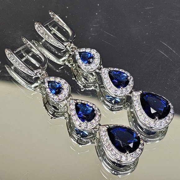 Royal Blue Drop 925 Sterling Silver Earrings, Long Bridal Birthday Gift - Picture 10 of 12